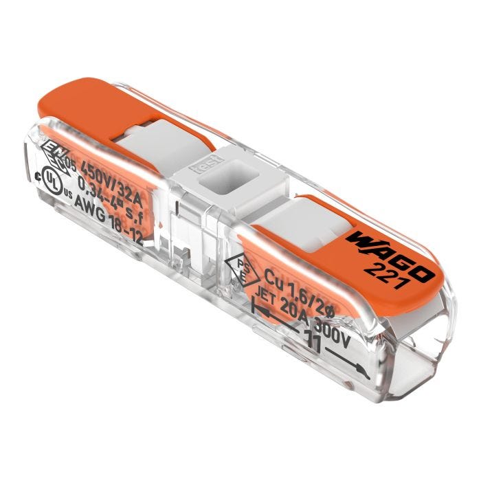Conector de Empalme con Palanca WAGO 221-2401 En Línea 2 Polos 4 mm2 Tapa Blanca