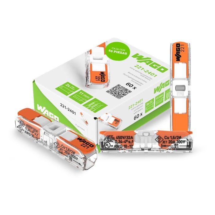 Conector de Empalme con Palanca WAGO 221-2401 En Línea 2 Polos 4 mm2 Tapa Blanca Caja 60 Piezas
