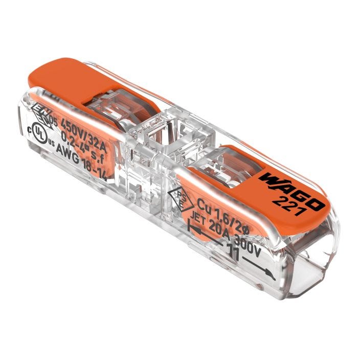 Conector de Empalme con Palanca WAGO 221-2411 En Línea 2 Polos 4 mm2 Transparente