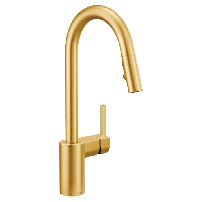 Llave de cocina curva con monomando extraíble de arco alto con acabado en oro cepillado