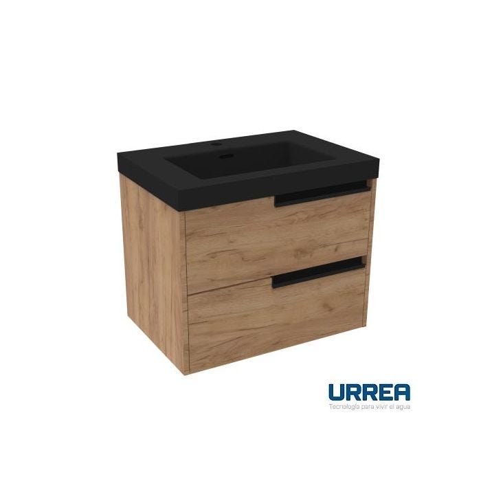 Gabinete Suspendido 60 cm Doble Cajón Roble con Lavabo Negro Urrea