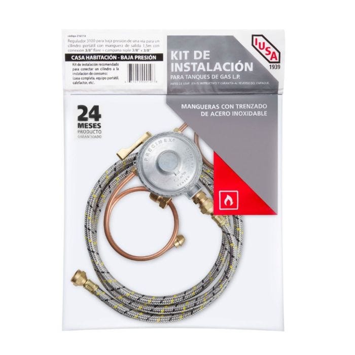 Regulador con manguera de 1.5 m para cilindro de gas o tanque estacionario, flujo 1.0 m³/h