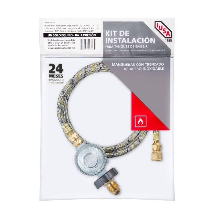 Regulador con manguera de 1.5 m para cilindro de gas o tanque estacionario, flujo 0.7 m³/h