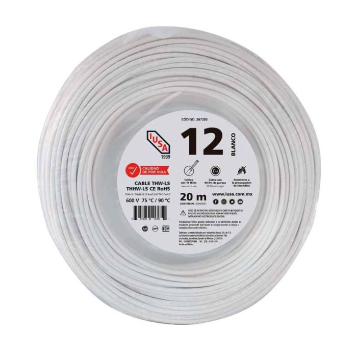 Cable THHW-LS ROHS IUSA Calibre 12 AWG blanco 20M