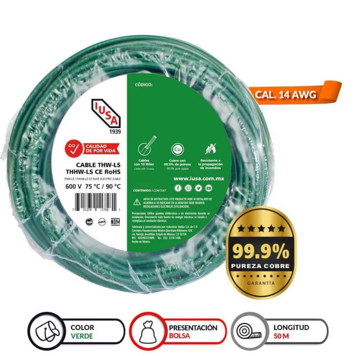 Cable THHW-LS ROHS IUSA Calibre 14 AWG verde 50M
