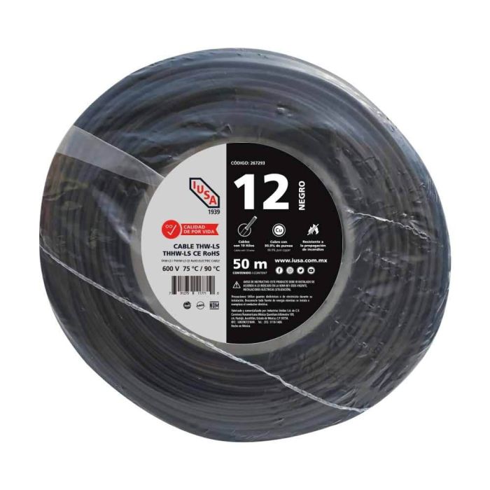 Cable THHW-LS ROHS IUSA Calibre 12 AWG negro 50M