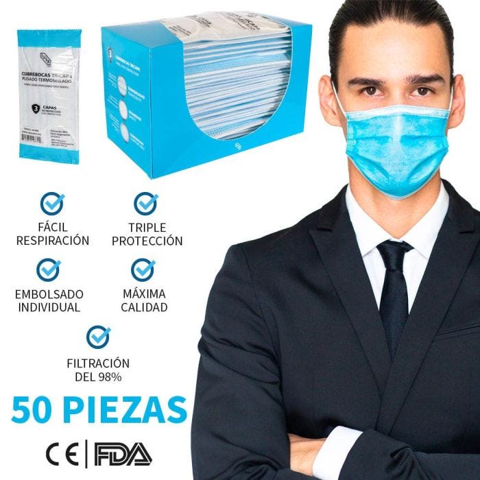 Caja 50pz Cubrebocas Iusa, Tricapa, Plisado y Termosellado