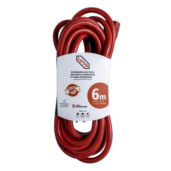 Extensión eléctrica uso rudo roja 3x12awg 6m IUSA
