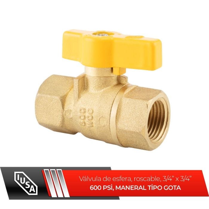Válvula esfera roscable con maneral tipo gota 19 mm (3/4”)