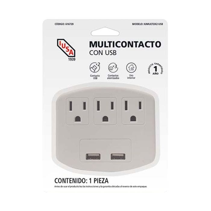 Multicontacto con 3 entradas y 2 puertos USB