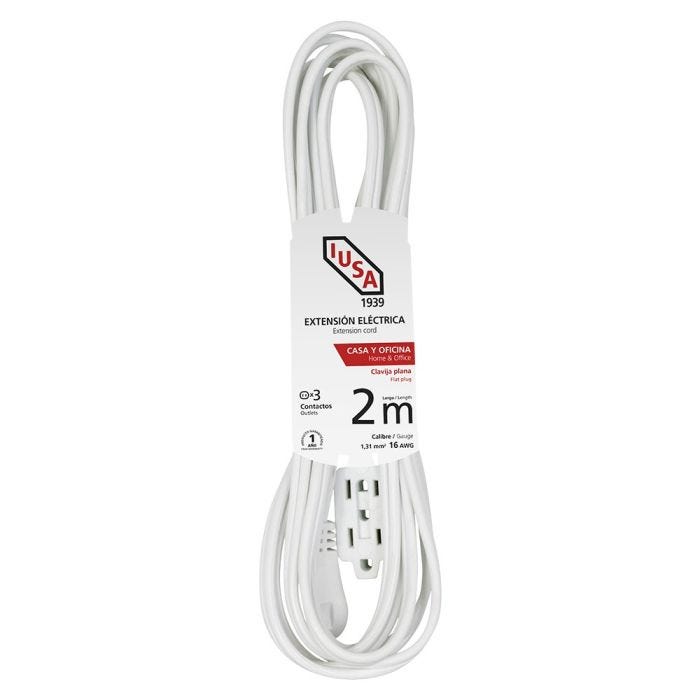 Extensión doméstica blanca con clavija plana 2m