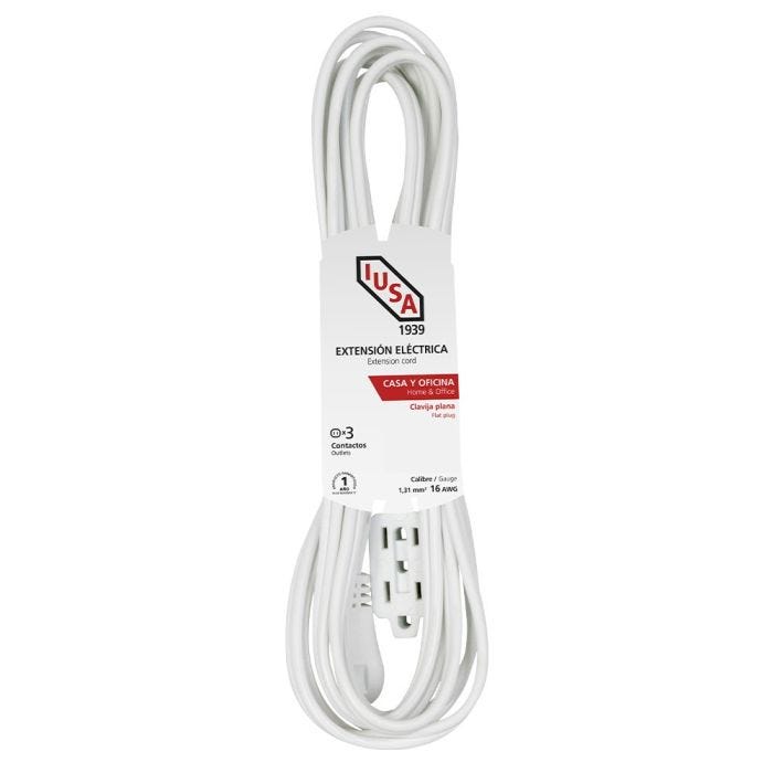 Extensión doméstica blanca clavija plana 6m iusa