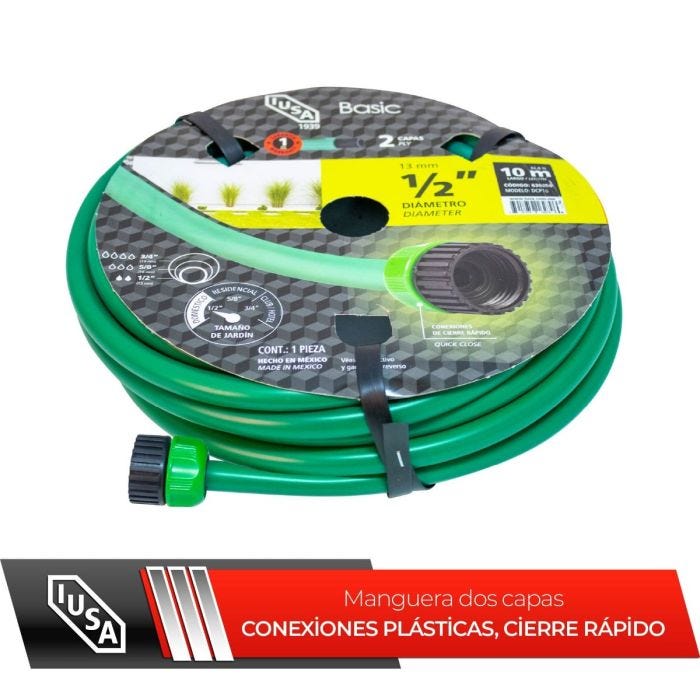 Manguera IUSA 10 m, Basic, Bicapa con Conexiones Plásticas de Cierre rápido