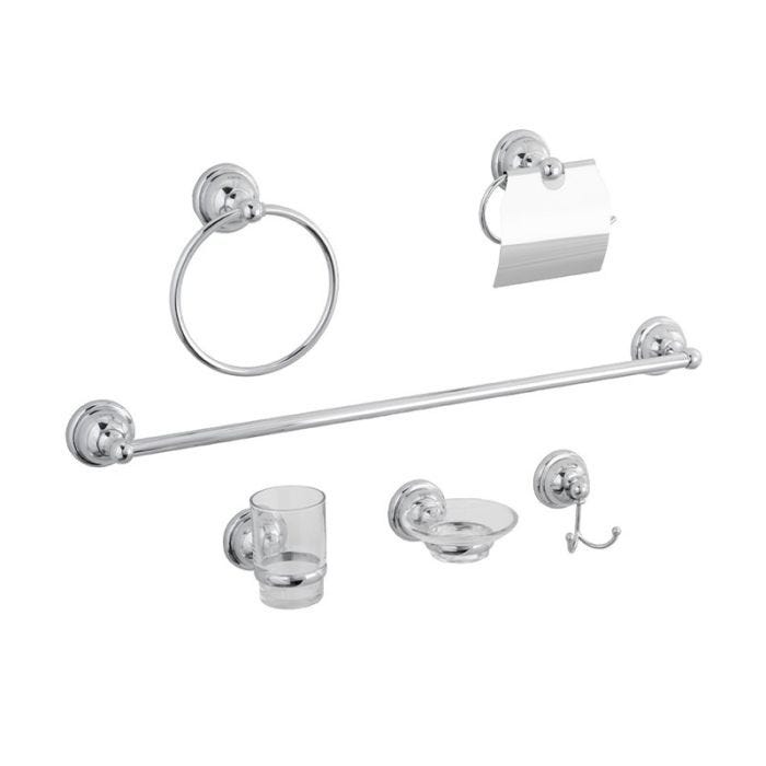 Juego de Accesorios para Baño 6 Piezas con Gancho Doble y Jabonera de Vidrio Cromo Dica
