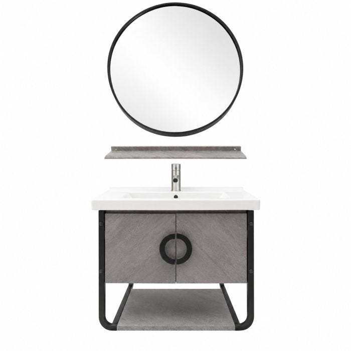 Mueble para Baño Empotrable Anfibol 60 x 46 x 50 cm con Lavabo y Espejo Redondo Plywood Gris Piedra Machen