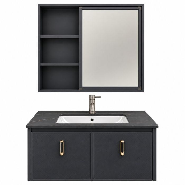 Mueble para Baño Empotrable Darko 80 x 47 x 41 cm con Lavabo de Porcelanato y Espejo Botiquín Polímero Reforzado Negro Mate Machen