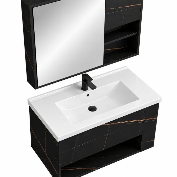 Mueble para Baño Empotrable Ámbar N 80 x 46 x 50 cm con Lavabo y Espejo Botiquín Plywood Negro con Vetas Doradas Machen