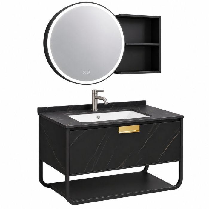 Mueble para Baño Empotrable Piroxeno 80 x 50 x 48 cm con Lavabo y Espejo Redondo LED Plywood Negro con Vetas Doradas Machen