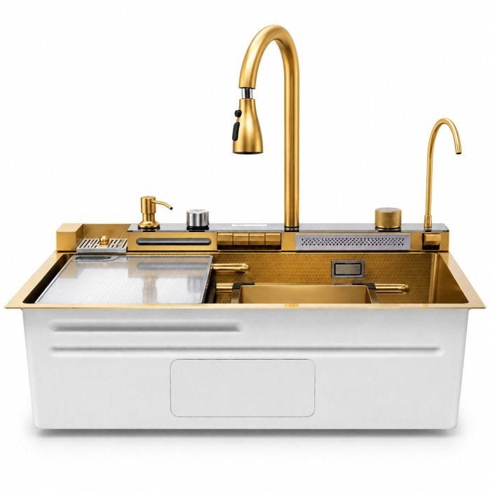 Tarja Multifuncional Kendra 75 x 46 cm con Doble Cascada Acero Inoxidable Dorado Cepillado Machen