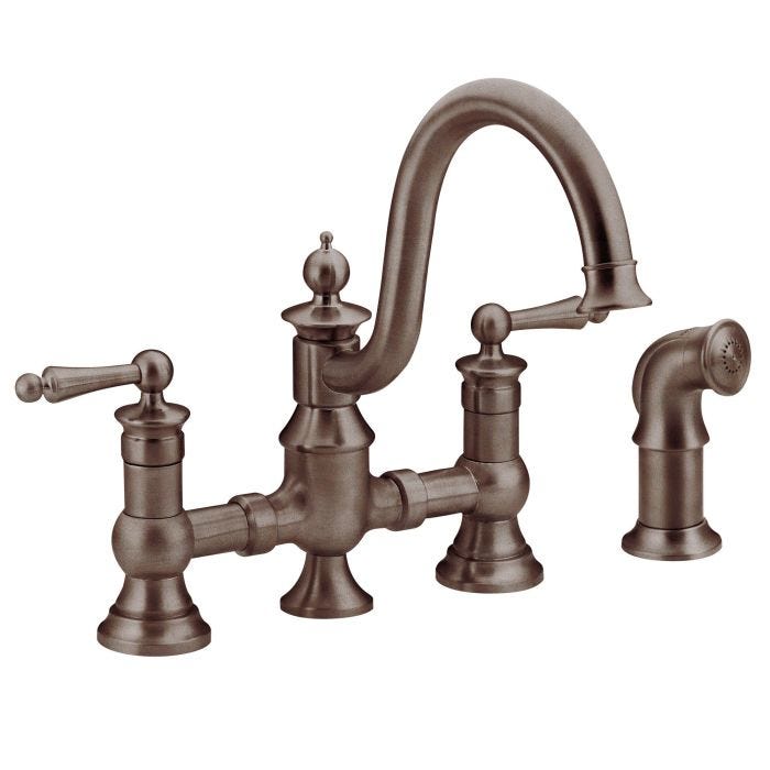 Mezcladora de Puente para Cocina Waterhill de Dos Manerales con Rociador Lateral Bronce Aceitado Moen
