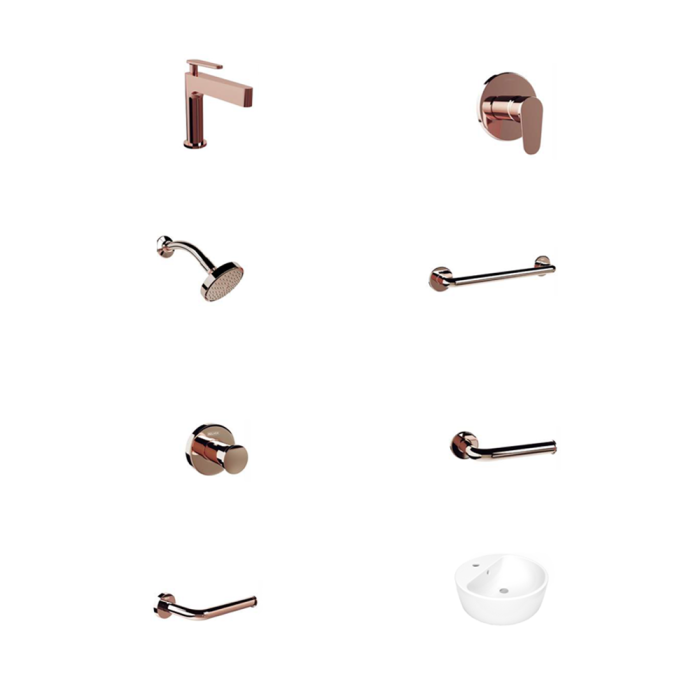 Paquete Aura para baño 8 piezas con grifería, accesorios, regadera y lavabo