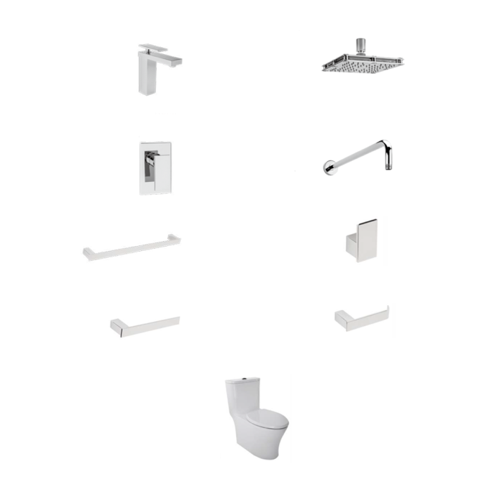 Paquete Máxima para baño 9 piezas con grifería, accesorios, regadera y wc