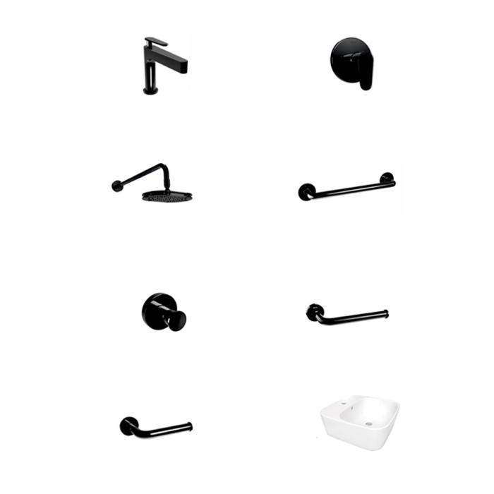 Paquete Obsidiana para baño 8 piezas con grifería, accesorios, regadera y lavabo