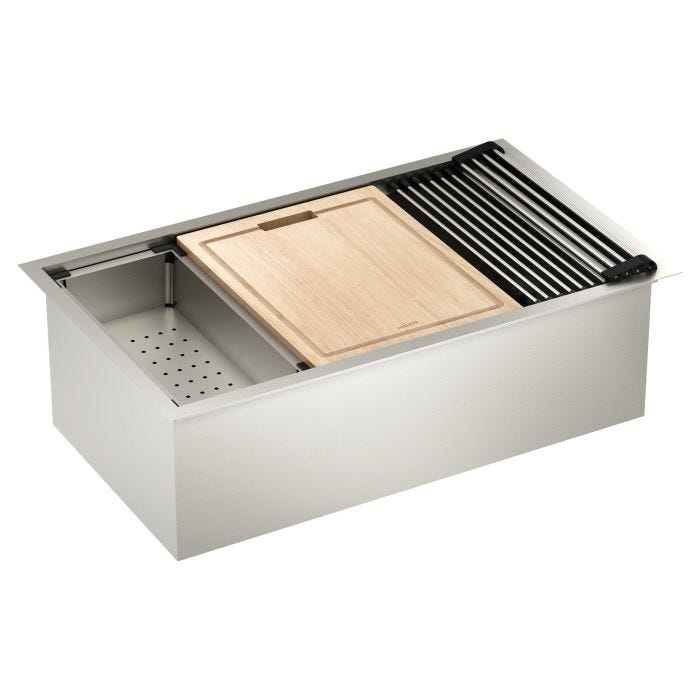 Tarja Sencilla Chef de Acero Inoxidable Calibre 18 para Bajocubierta 81.3 x 48.3 cm con Accesorios Moen