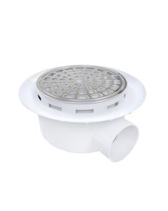 Coladera Telescópica para Piso con Rejilla de Acero Inoxidable y Plato Antifiltraciones Salida 2" Blanco Fleximatic