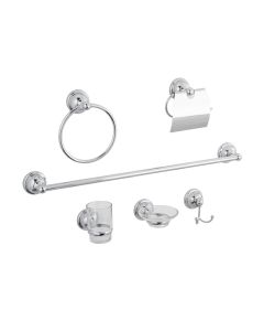 Juego de Accesorios para Baño 6 Piezas con Gancho Doble y Jabonera de Vidrio Cromo Dica