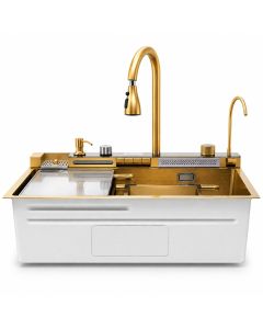 Tarja Multifuncional Kendra 75 x 46 cm con Doble Cascada Acero Inoxidable Dorado Cepillado Machen
