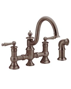 Mezcladora de Puente para Cocina Waterhill de Dos Manerales con Rociador Lateral Bronce Aceitado Moen