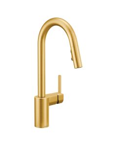 Llave de cocina curva con monomando extraíble de arco alto con acabado en oro cepillado
