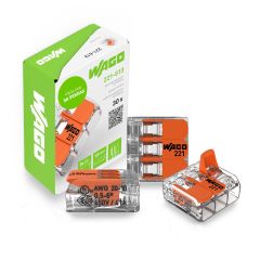 Conector de Empalme con Palanca WAGO 221-613 3 Polos 20-10 AWG 6 mm2 Caja 30 Piezas