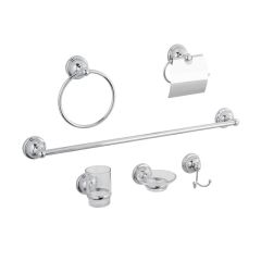 Juego de Accesorios para Baño 6 Piezas con Gancho Doble y Jabonera de Vidrio Cromo Dica