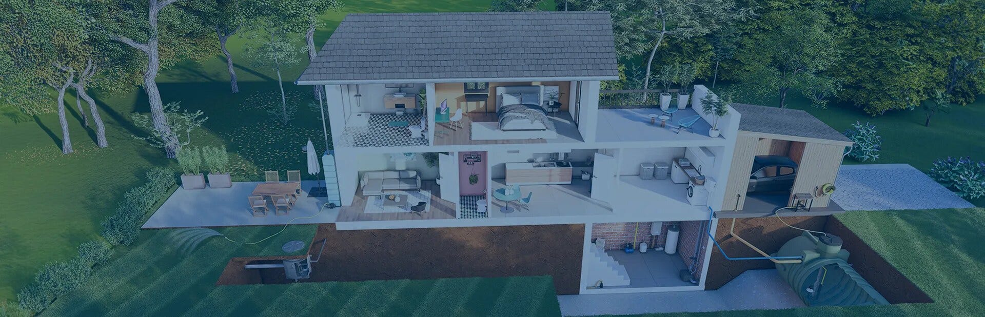 Render 3D de una casa en corte que muestra dónde se instalan las bombas SFA Saniflo