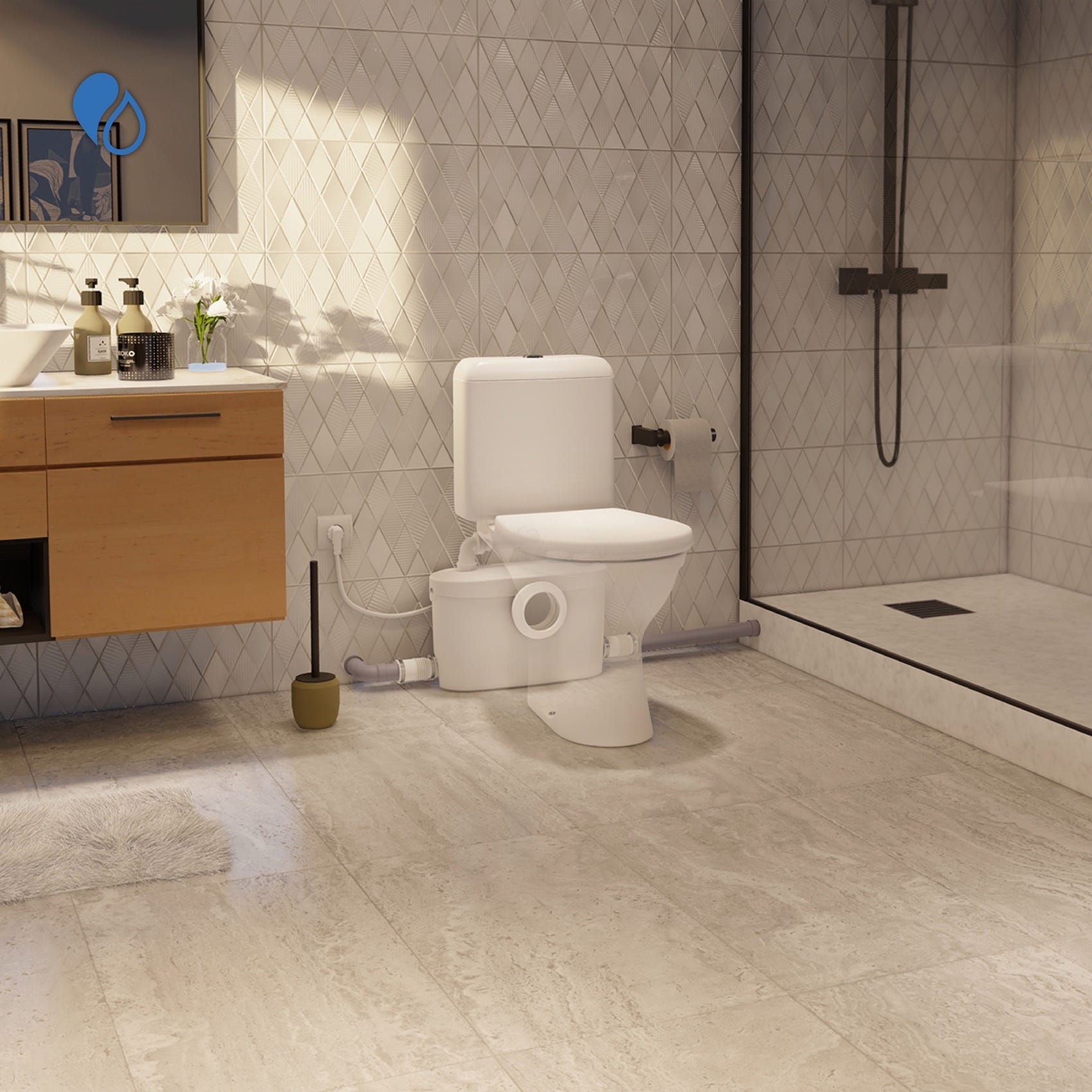 Baño completo instalado con una solución SFA Saniflo