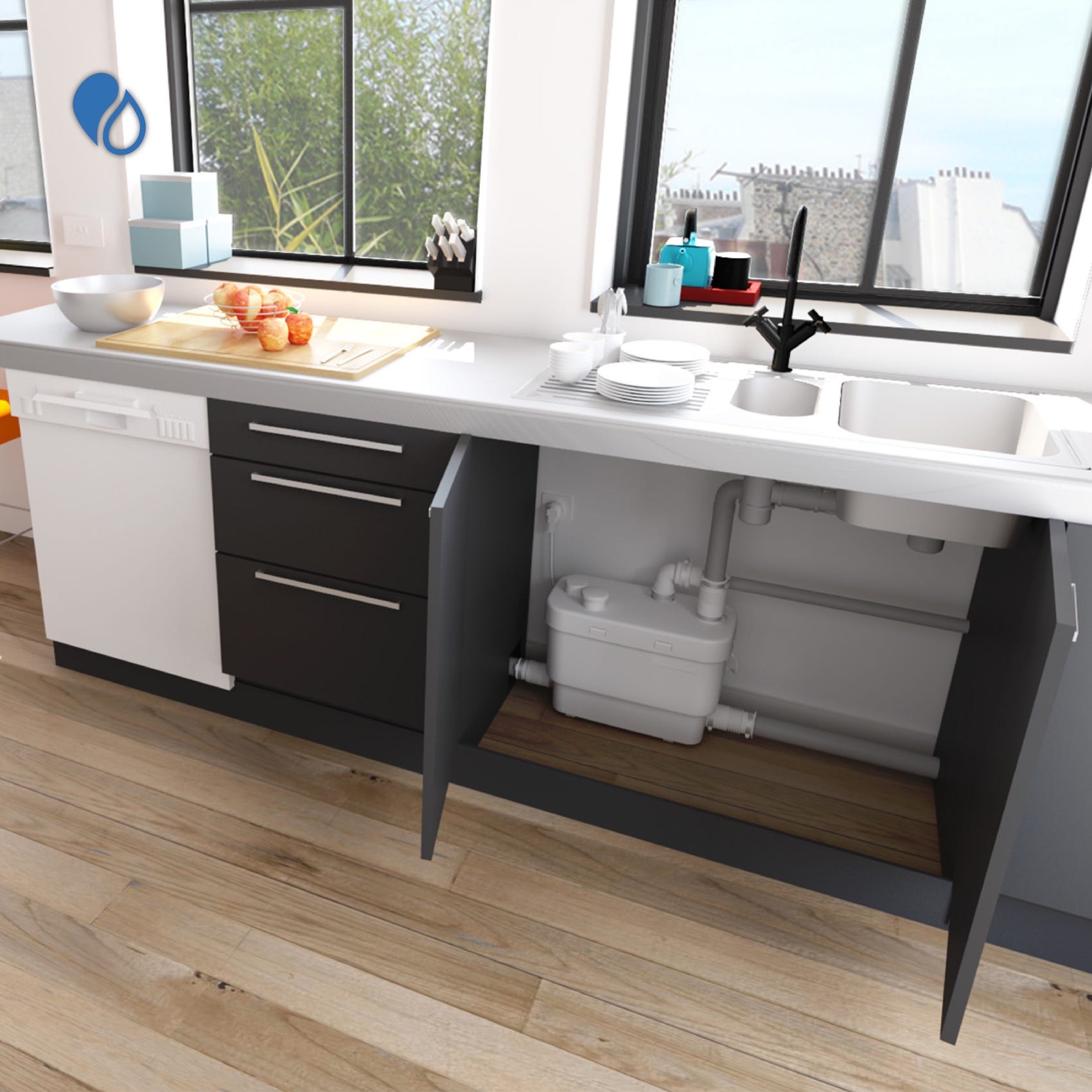 Cocina o lavadero instalado con una solución SFA Saniflo