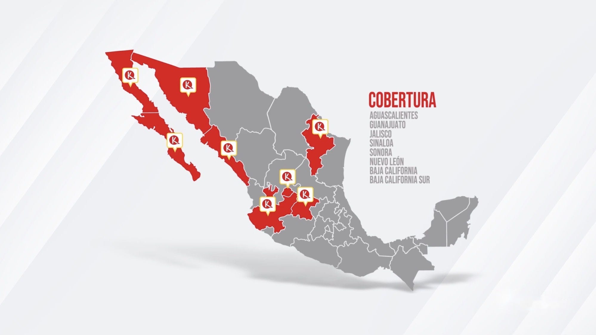 Mapa de México señalando la cobertura de Kuroda: 57 sucursales en 9 estados