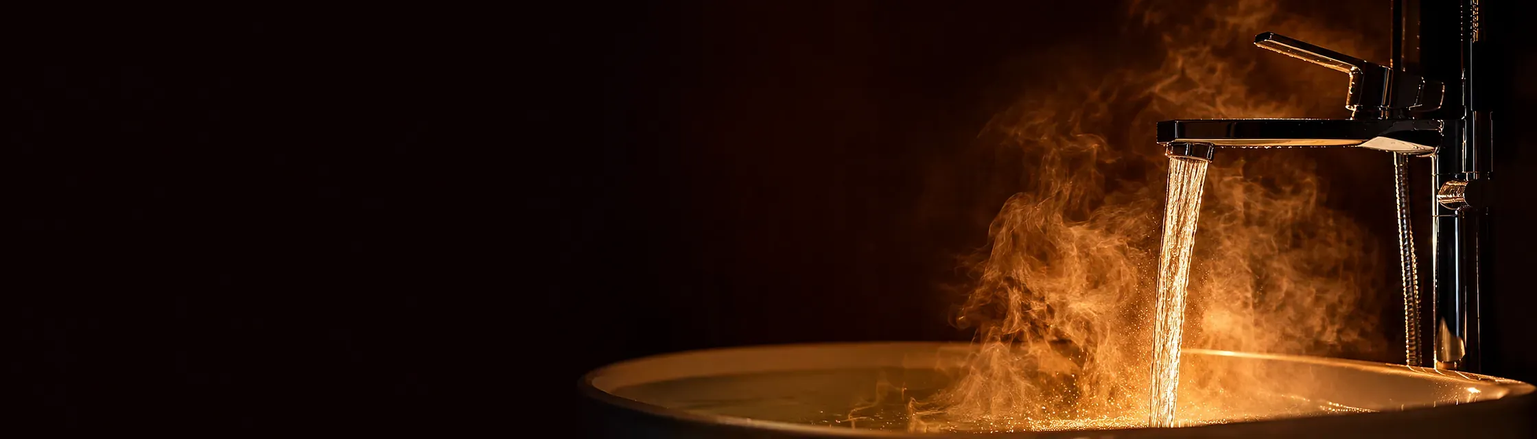 Grifo llenando una tina con agua caliente y vapor dorado