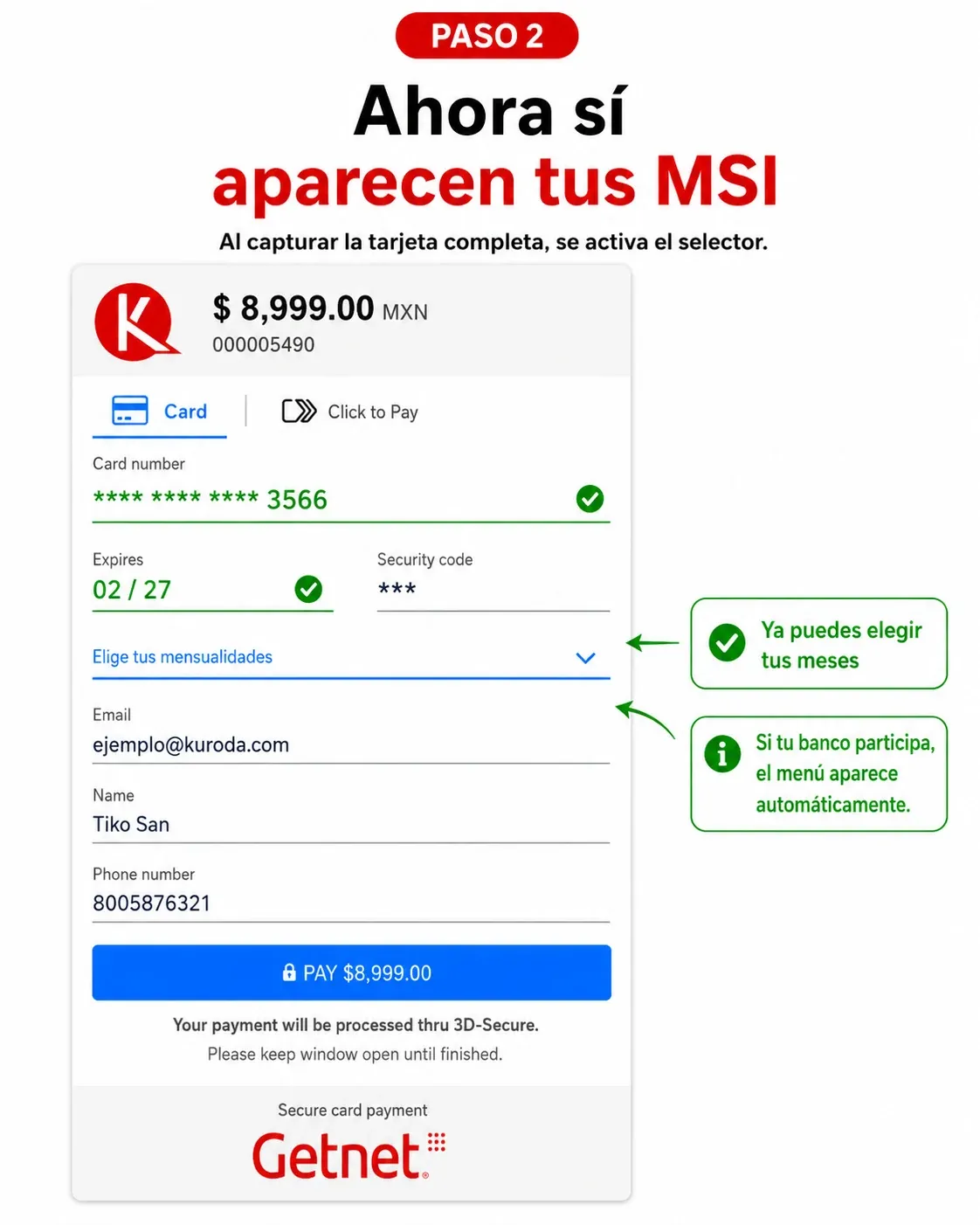 Paso 2: al capturar la tarjeta completa se activa el selector 'Elige tus mensualidades'. Ya puedes elegir tus meses.